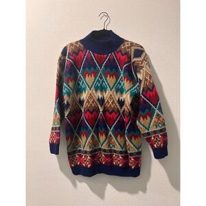 Vintage Argyle Diamond‎ Pattern Knit Sweater Mock Neck Pullover Colorful